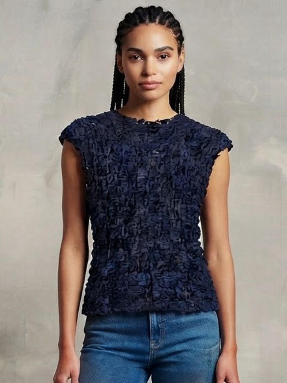 Cupio Textured Navy Blue Mock Neck Women's Top